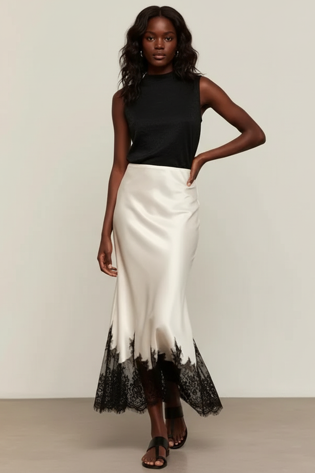 Jupe Dentelle Satin Crème Élégante