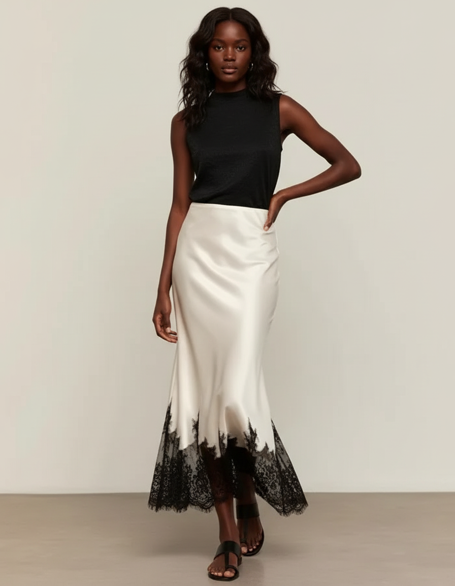 Jupe Dentelle Satin Crème Élégante