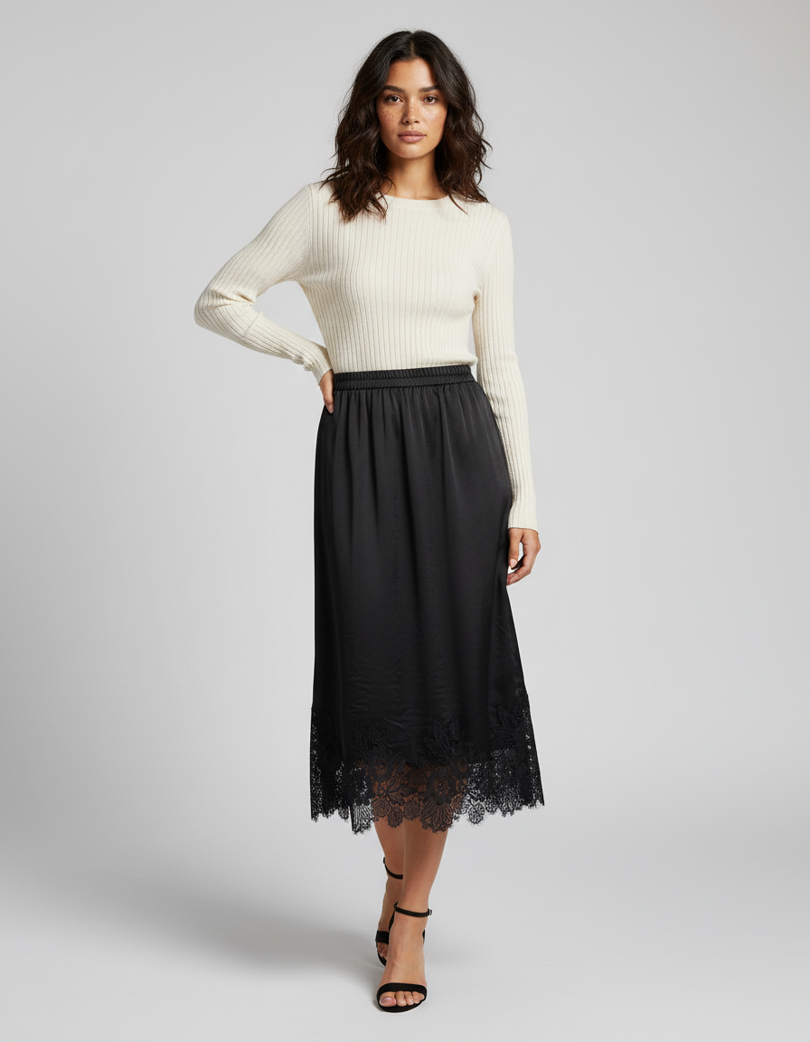 Jupe Dentelle Noire Satinée Élégante Précieuse