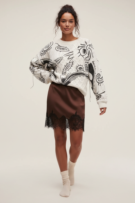 Jupe Dentelle Marron Satin Fluide