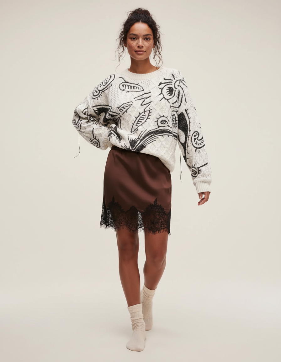 Jupe Dentelle Marron Satin Fluide