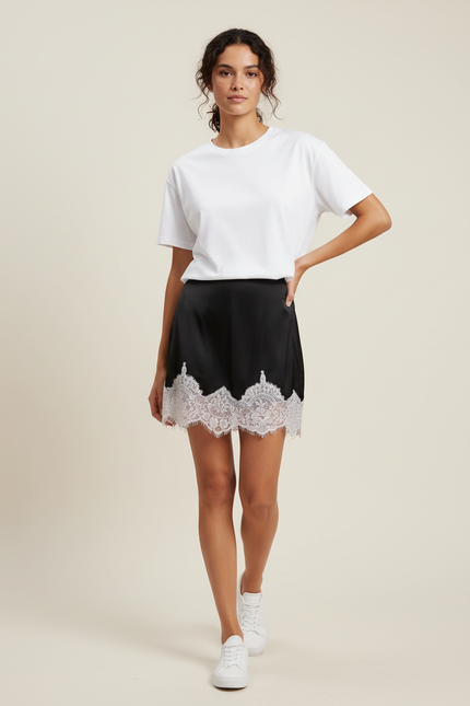 Jupe Dentelle Noire Satin Fluide