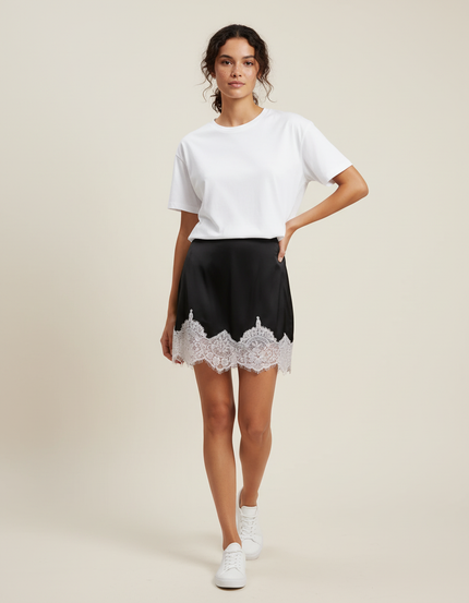 Jupe Dentelle Noire Satin Fluide