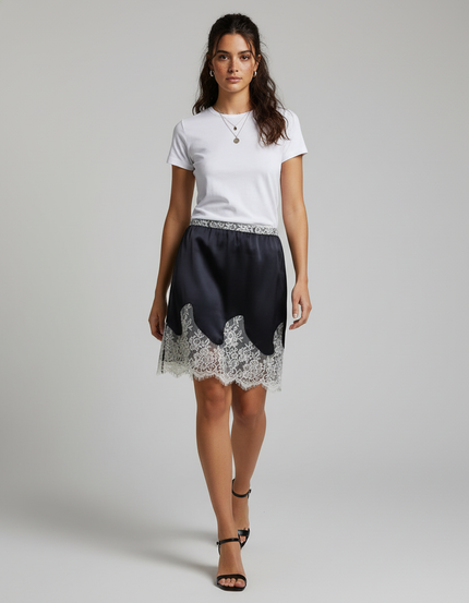 Jupe Dentelle Marine Satin Élégante