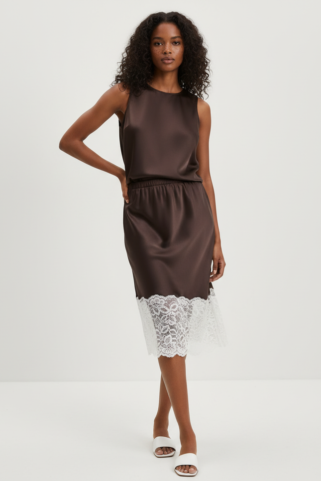 Jupe Dentelle Satinée Marron Chic