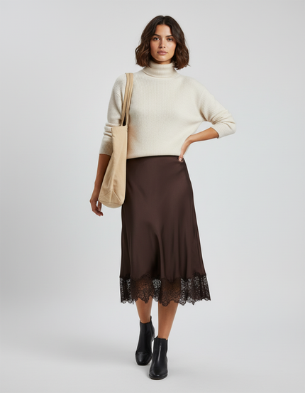 Jupe Dentelle Marron Satinée Élégante