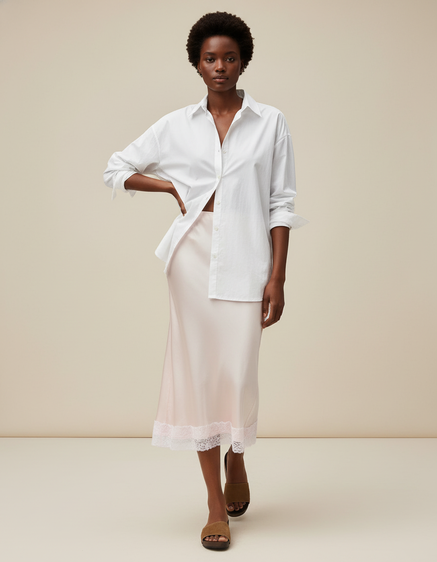 Jupe Dentelle Rose Pâle Satin Élégante