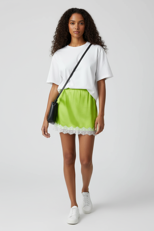 Jupe Dentelle Vert Fluo Satin Y2K