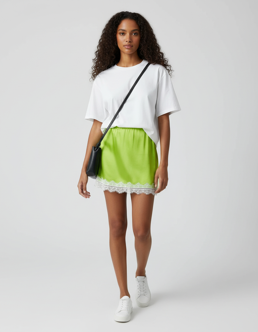 Jupe Dentelle Vert Fluo Satin Y2K