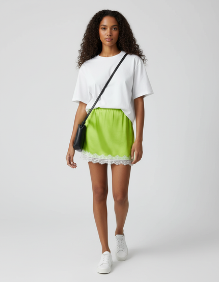 Jupe Dentelle Vert Fluo Satin Y2K