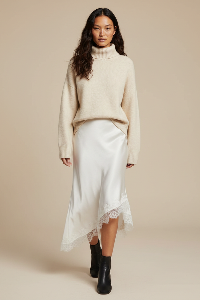 Jupe Dentelle Satin Asymétrique Élégante Fluide