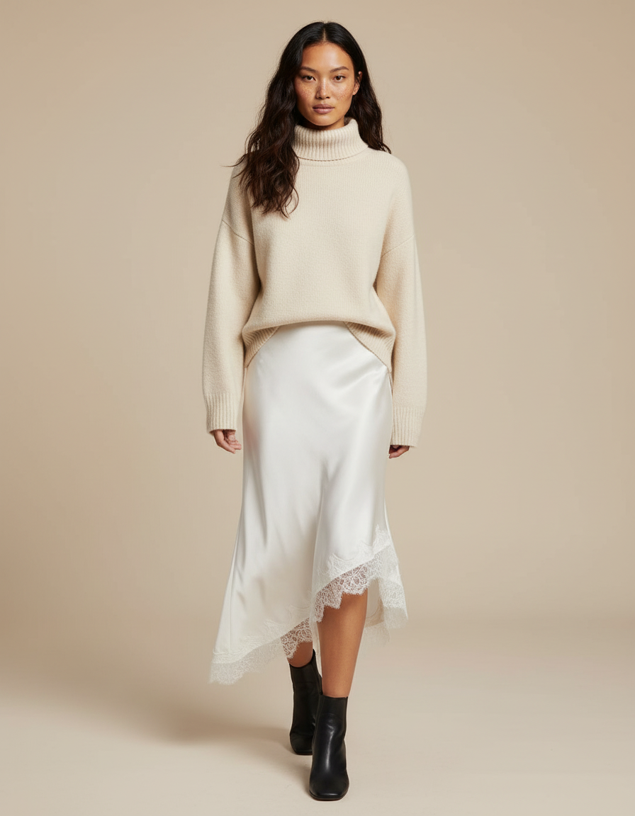 Jupe Dentelle Satin Asymétrique Élégante Fluide