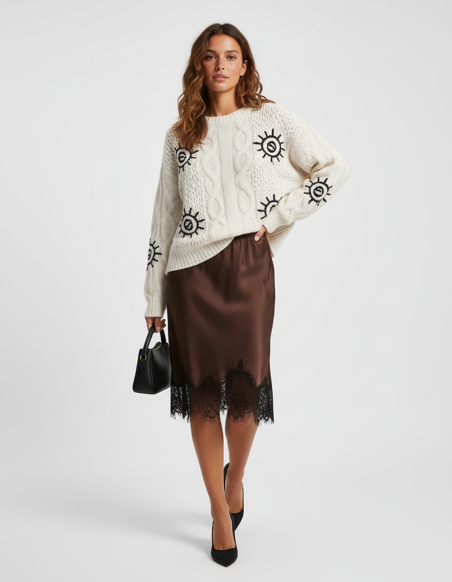 Jupe Dentelle Marron Satinée Élégante Chaleureuse