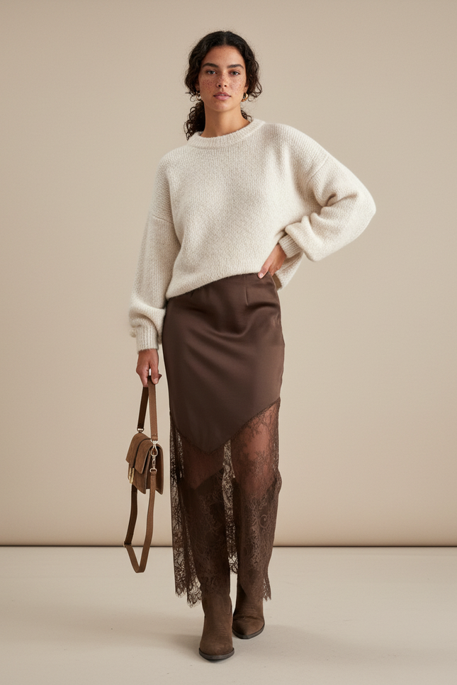 Jupe Dentelle Marron Asymétrique Élégante