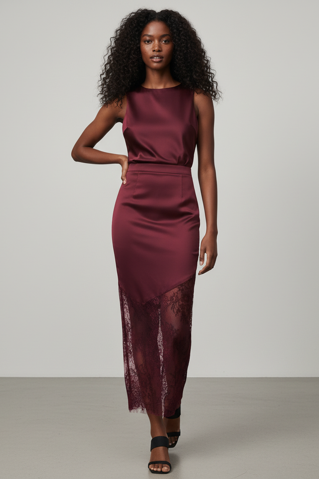 Jupe Dentelle Bordeaux Patchwork Élégante