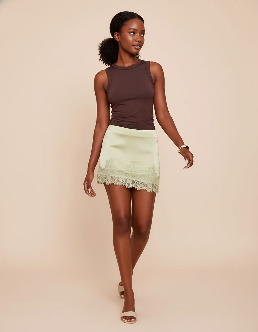 Jupe Dentelle Satin Vert Pâle Chic