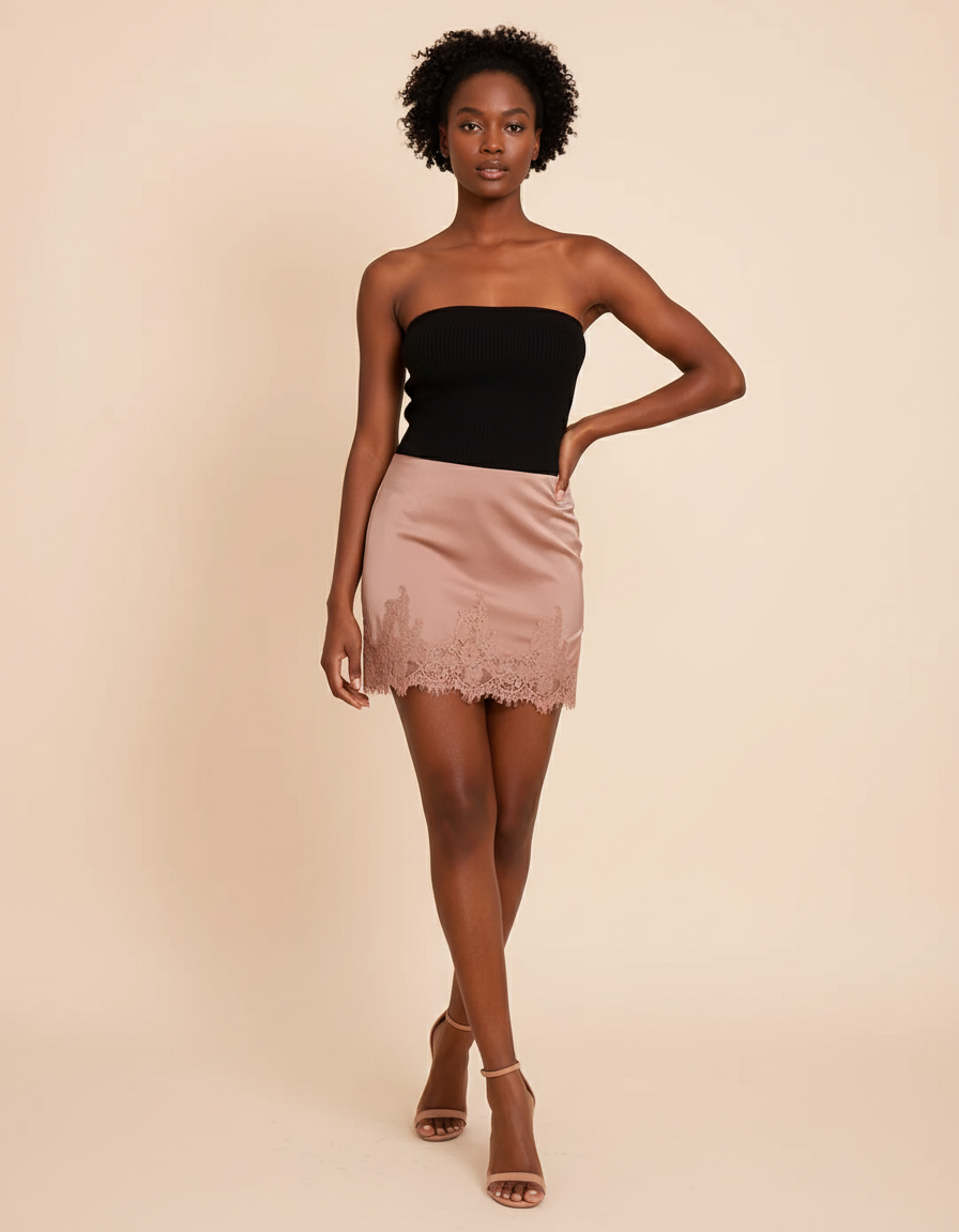 Jupe Dentelle Satin Rose Poudré Chic