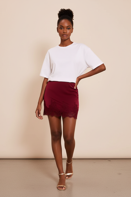 Jupe Dentelle Bordeaux Satin Chic