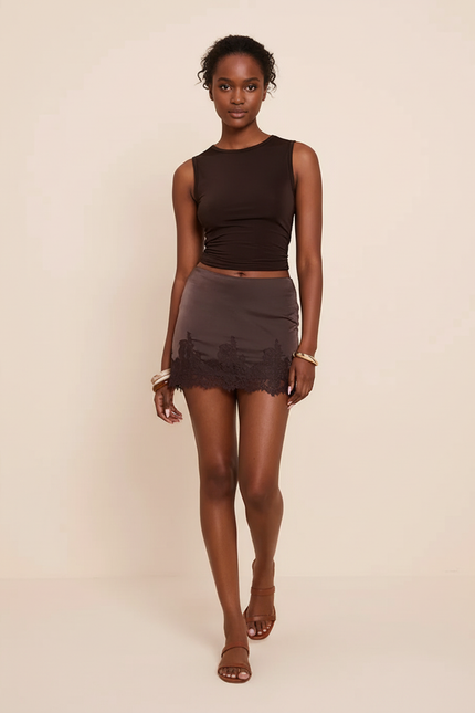 Jupe Dentelle Marron Satin Chic