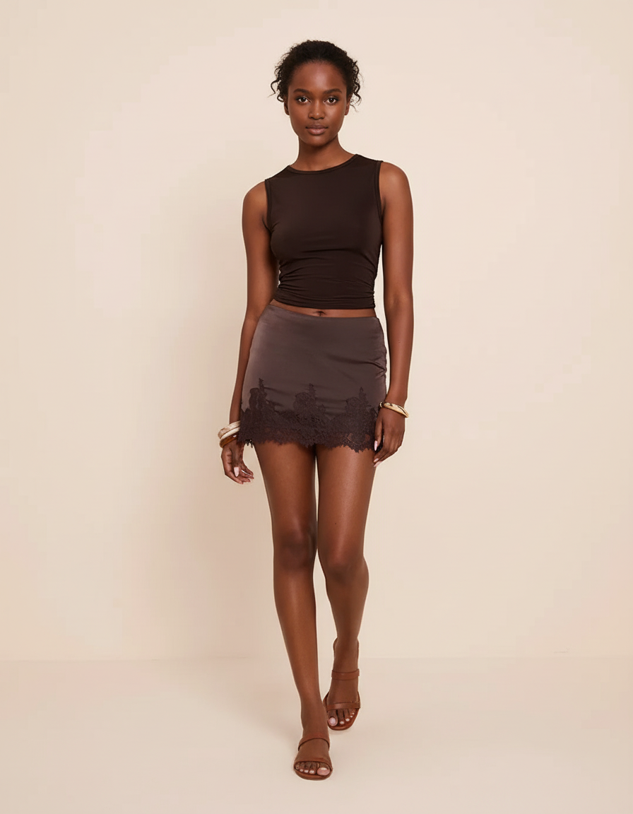 Jupe Dentelle Marron Satin Chic