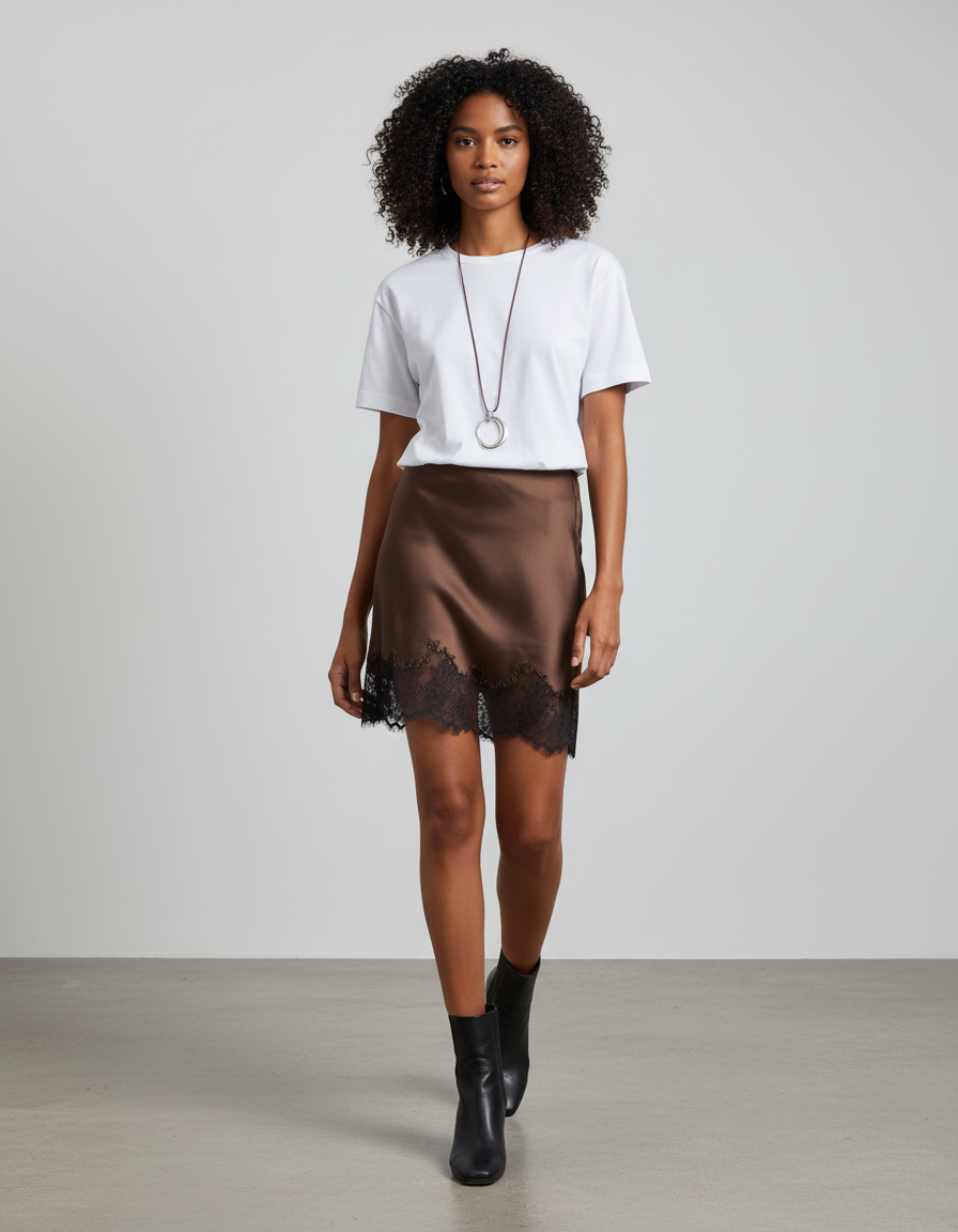 Jupe Dentelle Marron Satinée Chic