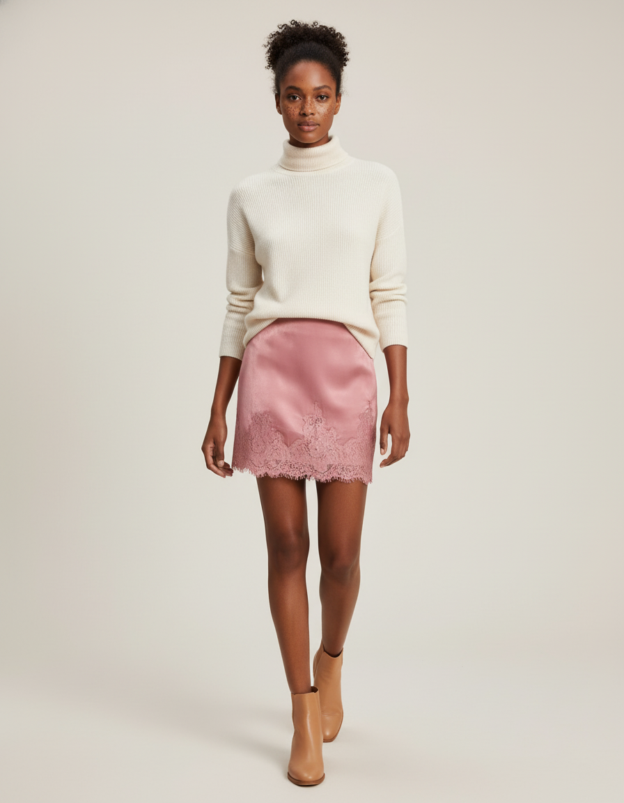 Jupe Dentelle Rose Satin Chic