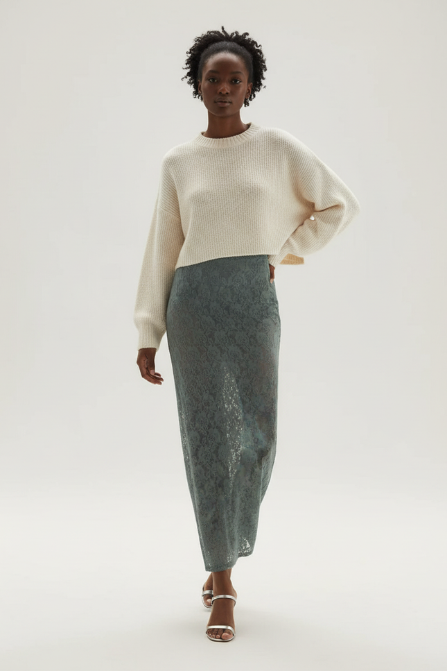 Jupe Dentelle Verte Florale Fluide