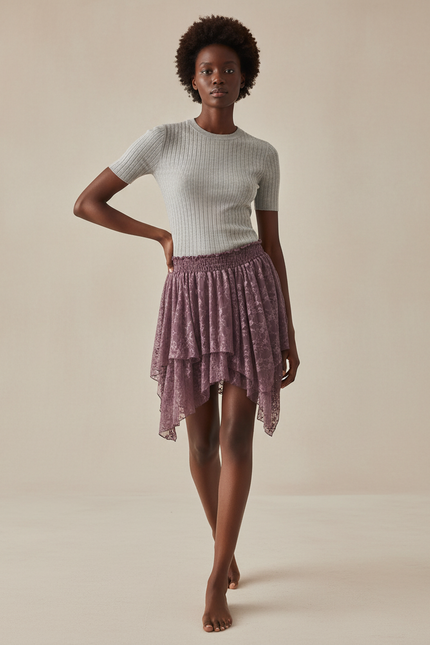 Jupe Dentelle Mauve À Volants Fluide