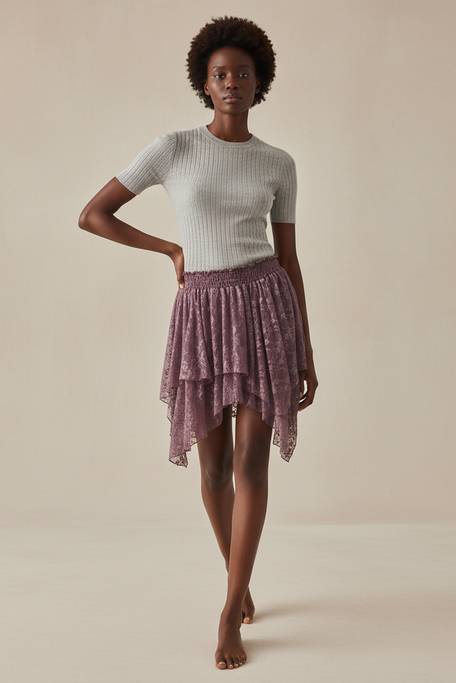 Jupe Dentelle Mauve À Volants Fluide