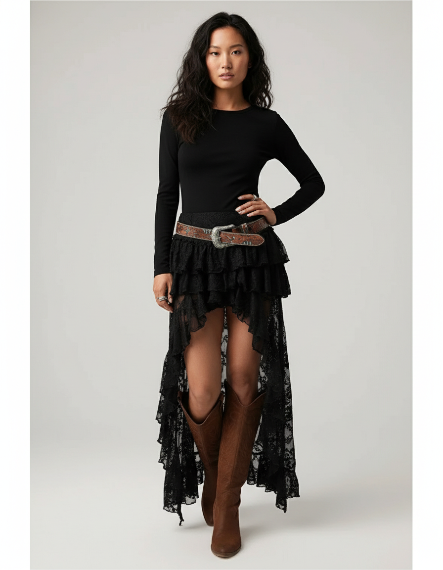 Jupe Dentelle Noire Asymétrique Bohème