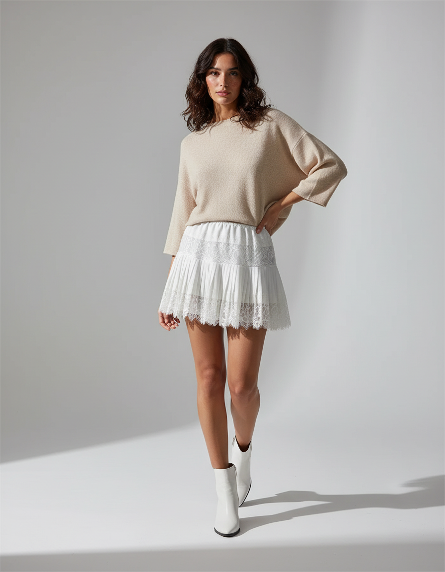 Jupe Dentelle Blanche Plissée Fluide