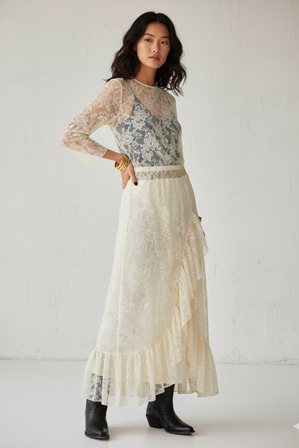 Jupe Dentelle Écru À Volants Bohème