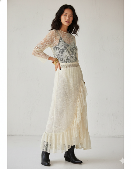 Jupe Dentelle Écru À Volants Bohème