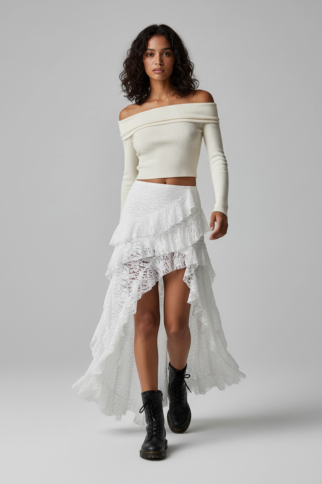 Jupe Dentelle Blanche Asymétrique Fluide