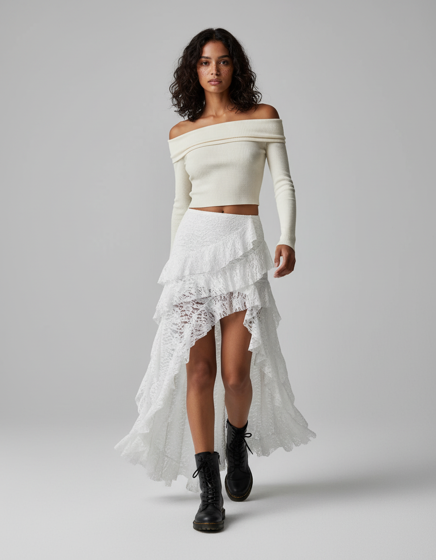 Jupe Dentelle Blanche Asymétrique Fluide
