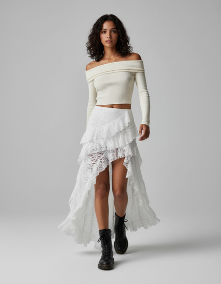 Jupe Dentelle Blanche Asymétrique Fluide