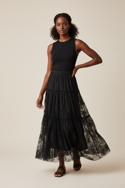 Jupe Dentelle Noire À Volants Élégante Romantique