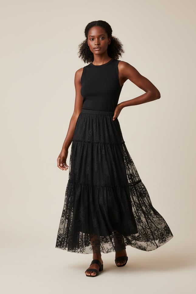 Jupe Dentelle Noire À Volants Élégante Romantique