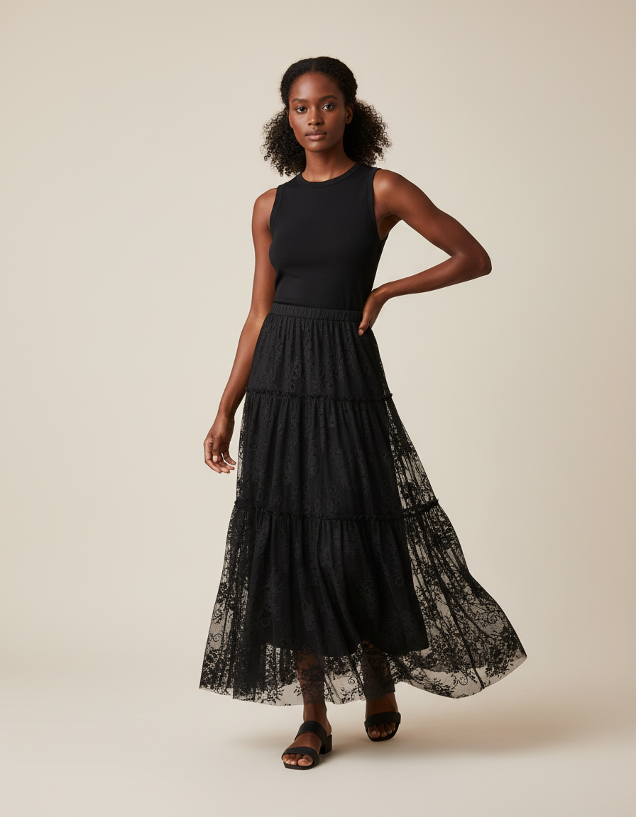 Jupe Dentelle Noire À Volants Élégante Romantique