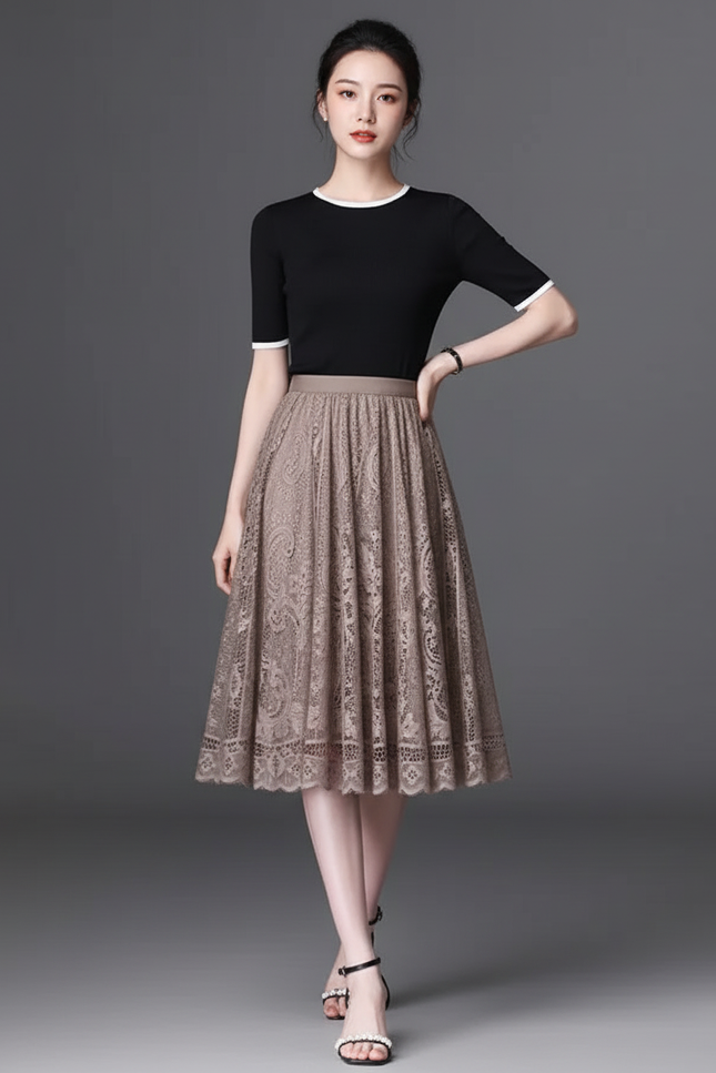 Jupe Dentelle Beige Plissée Élégante