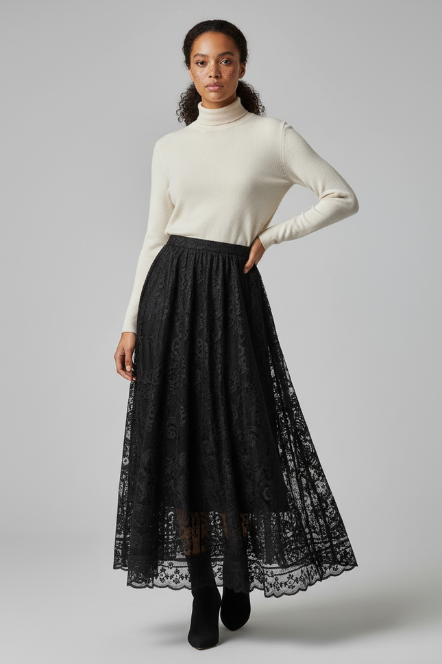 Jupe Dentelle Noire Plissée Élégante Délicate