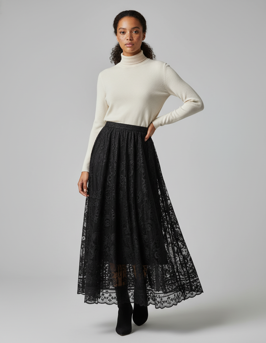 Jupe Dentelle Noire Plissée Élégante Délicate