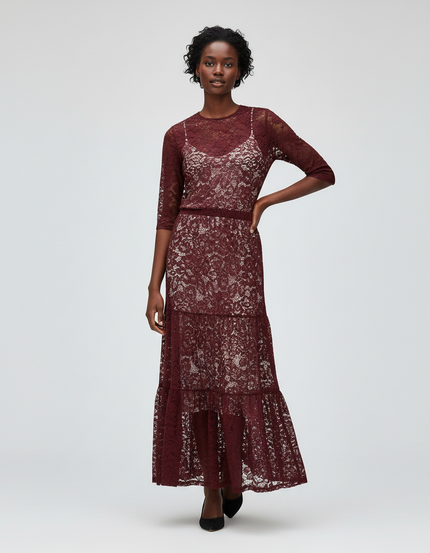 Jupe Dentelle Florale Bordeaux Chic