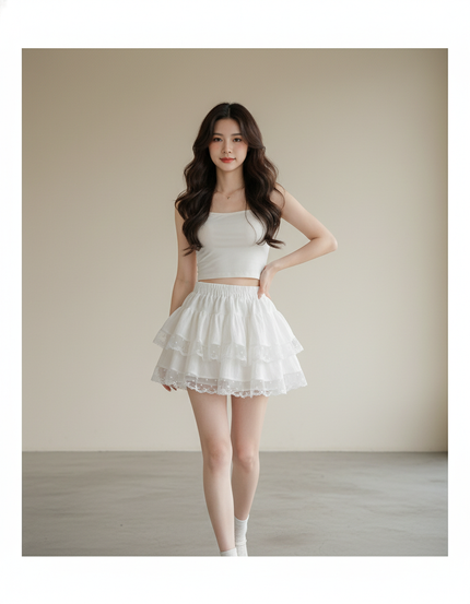 Jupe Dentelle Blanche Étagée Mignonne
