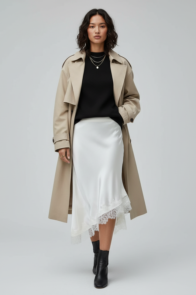 Jupe Dentelle Blanche Satin Asymétrique Élégante