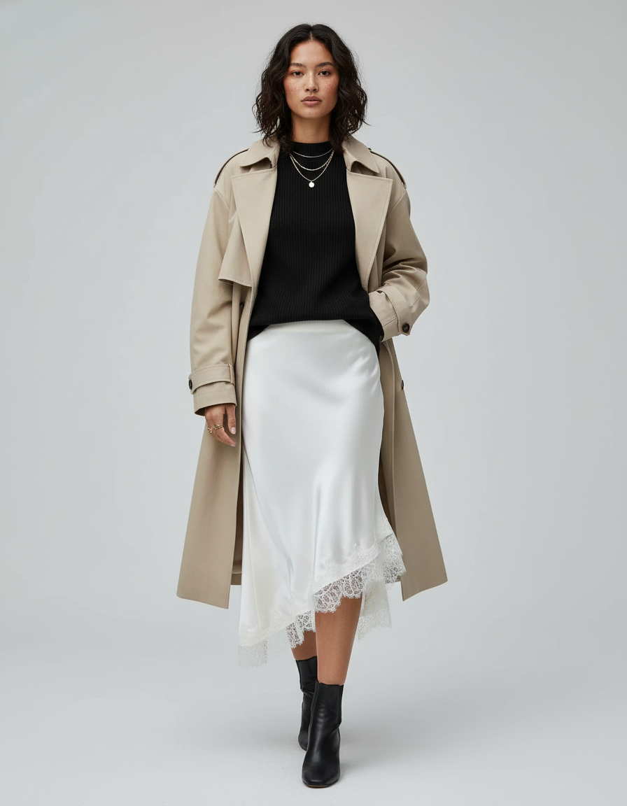 Jupe Dentelle Blanche Satin Asymétrique Élégante