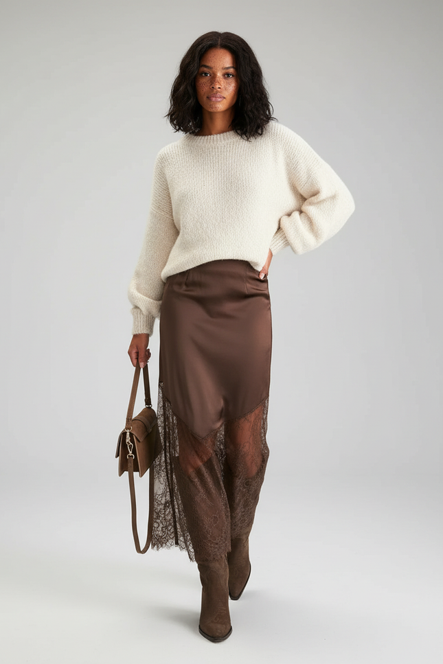 Jupe Dentelle Asymétrique Satin Fluide