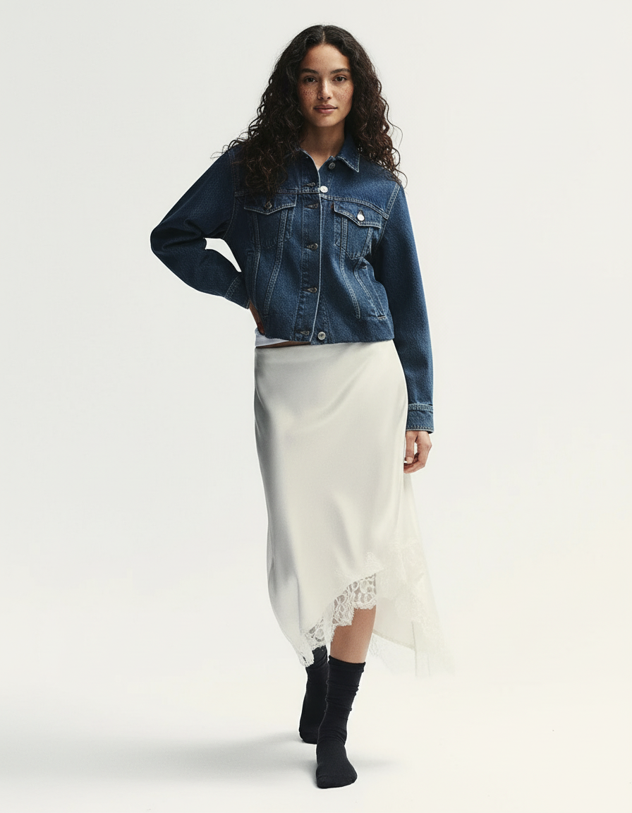 Jupe Dentelle Satin Asymétrique Fluide