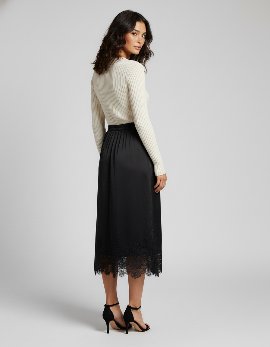 Jupe Dentelle Noire Satinée Élégante Précieuse