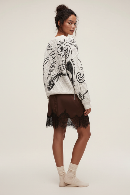 Jupe Dentelle Marron Satin Fluide